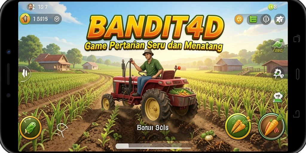 Gameplay <strong>BANDIT4D</strong> menampilkan kebun yang subur dan karakter yang ceria.