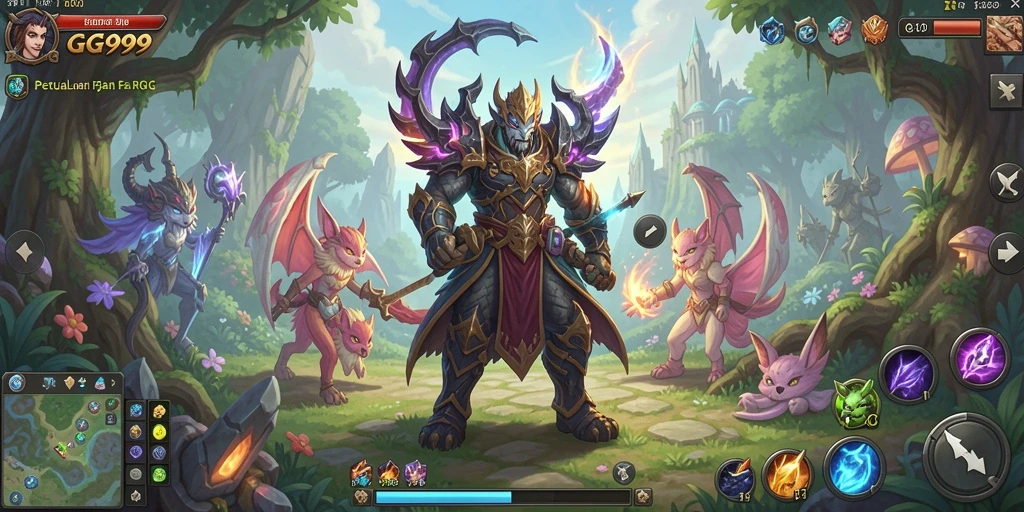 Screenshot utama GG999 menampilkan pertarungan karakter heroik dalam dunia RPG yang fantastis.