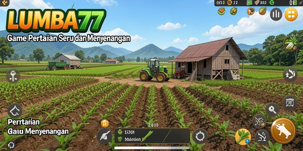 Tampilan gameplay LUMBA77 dengan ladang yang subur dan hewan ternak.