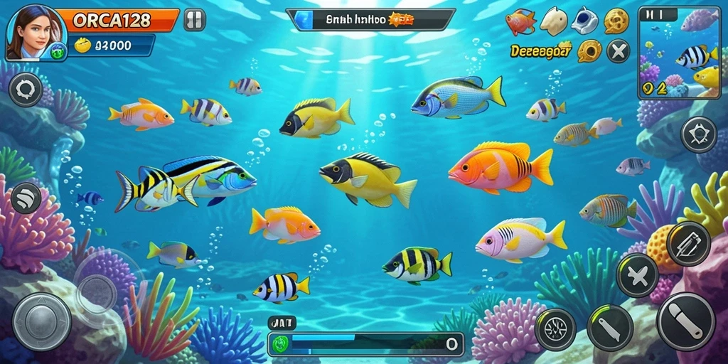 Screenshot gameplay ORCA128 dengan aksi menembak ikan yang seru.