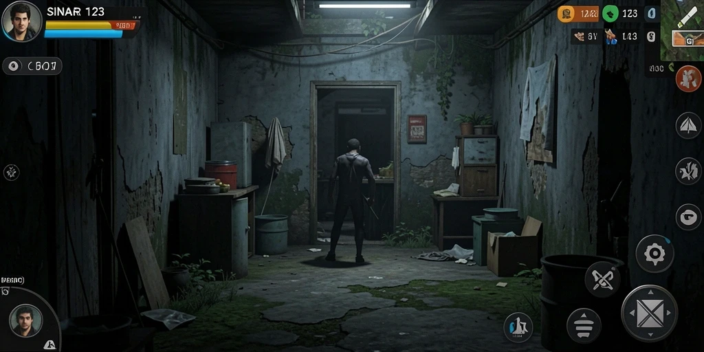 Screenshot gameplay SINAR123 menunjukkan momen menegangkan saat karakter bersembunyi dari makhluk mengerikan.